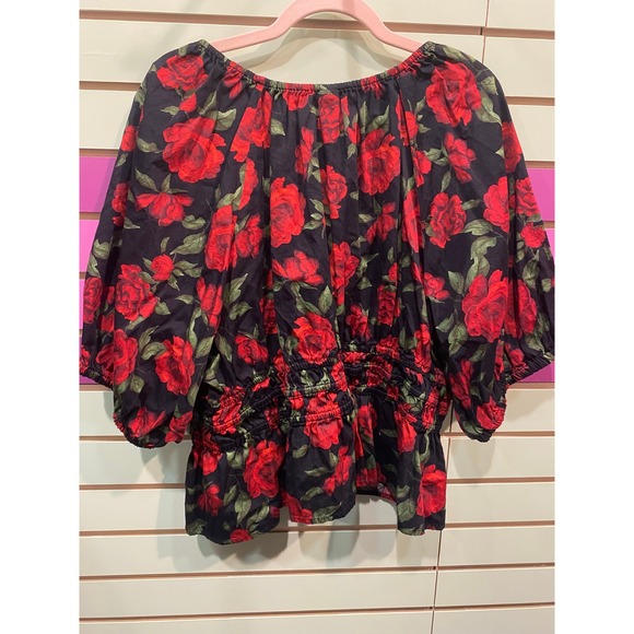 Old Navy Women's XXL Black Red Rose Floral Print Blouse Top Valentine Romantic - Picture 2 of 4